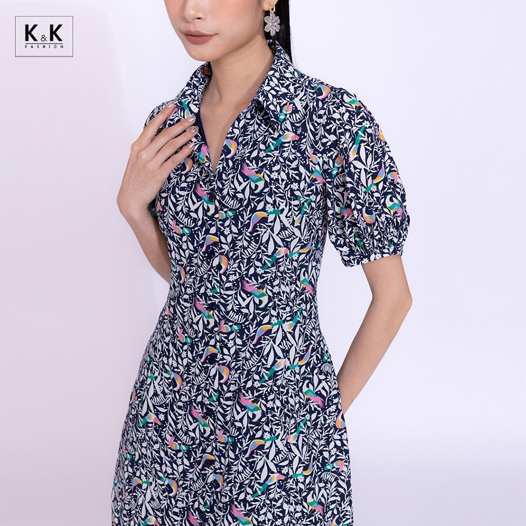 Đầm Sơ Mi Công Sở Họa Tiết Hoa K&amp;K Fashion KK115-27 Chất Liệu Lanh Thái