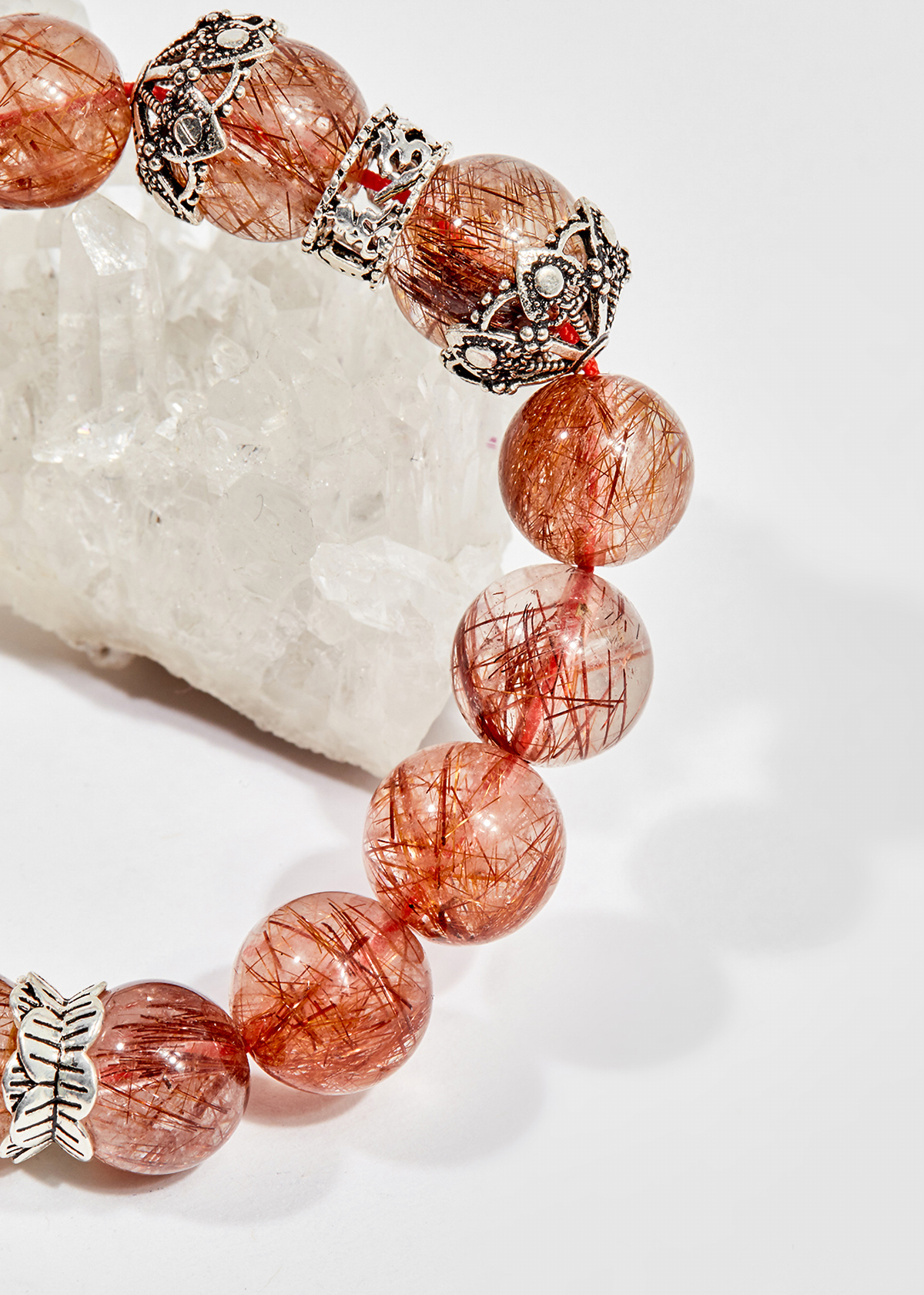 Vòng tay phong thủy đá thạch anh tóc đỏ charm mèo 10mm mệnh hỏa , thổ - Ngọc Quý Gemstones