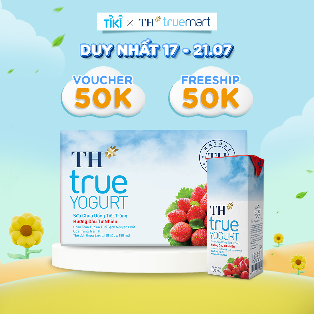 Thùng 48 hộp sữa chua uống tiệt trùng TH true YOGURT hương dâu tự nhiên 180 ml (180 ml x48)