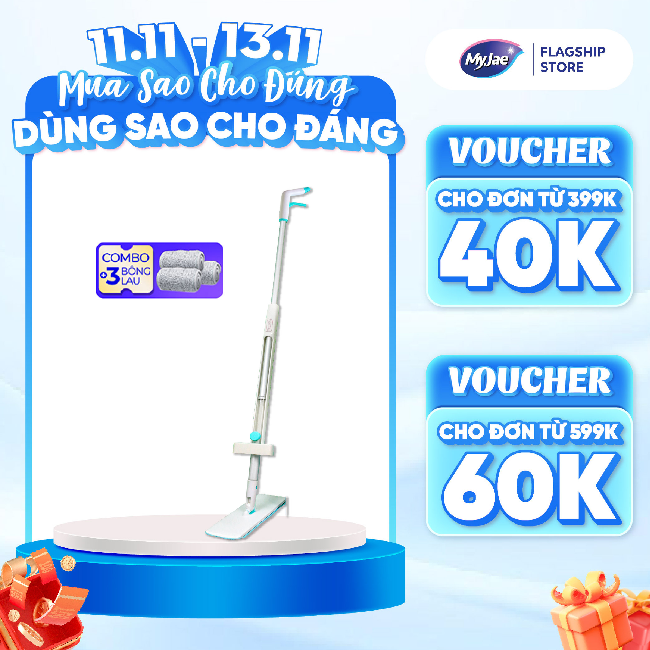 Combo 3 Bông Lau  1 Cây Lau Nhà MyJae Sợi Microfiber Tự Vắt Phun Sương Xoay 360 Độ Thông Minh 138cm