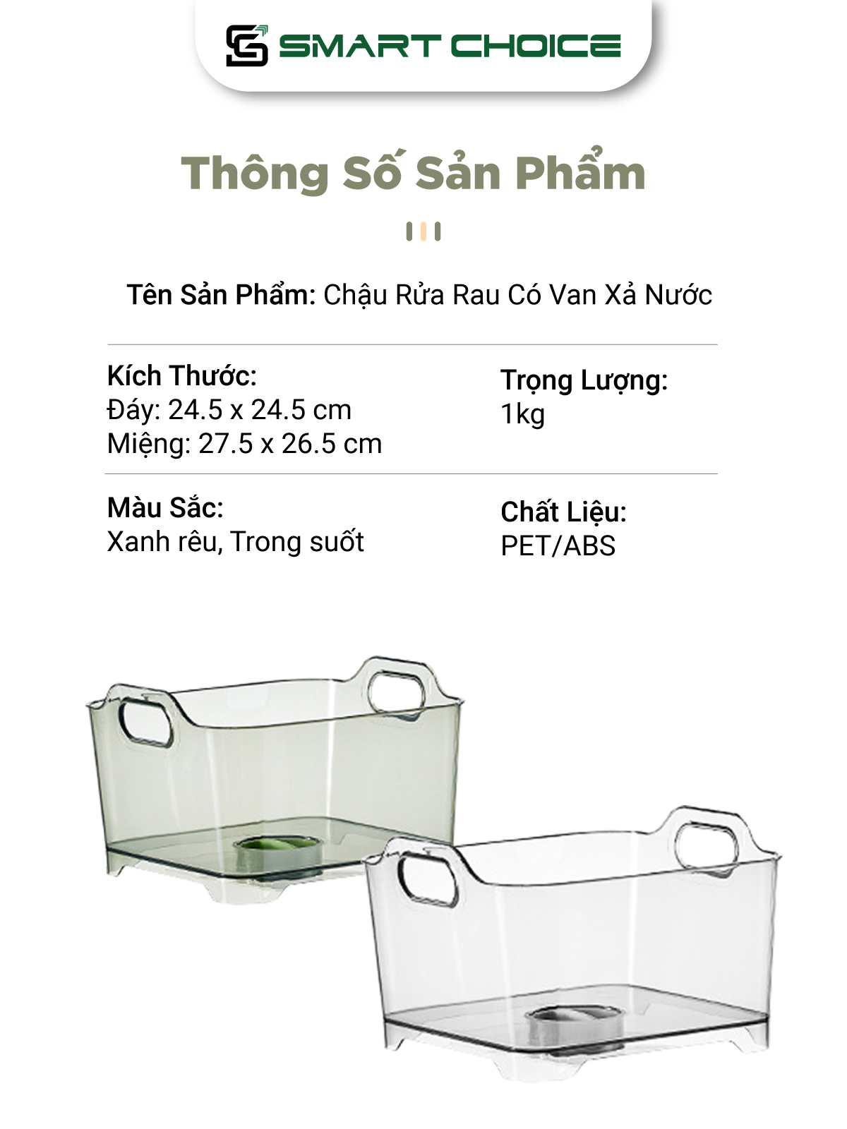 Chậu Rửa Rau SMARTCHOICE Có Van Xả Nước Cao Cấp 2 Màu Dùng Cho Nhà Bếp SCG-PK102