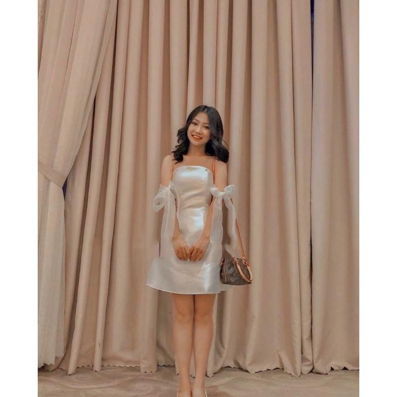 ĐẦM ĐỎ TRỄ VAI CÚP NGỰC TAY VOAN NƠ