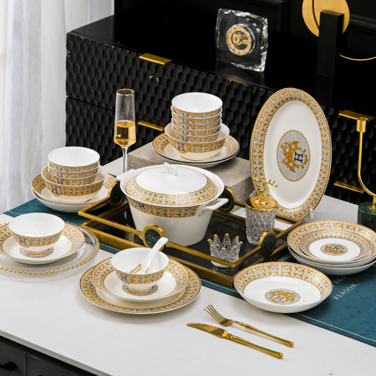 Bộ bát ăn cơm SỨ XƯƠNG Giang Tây cao cấp 56 chi tiết - Bộ chén ăn cơm sang trọng, tinh tế - Bát đĩa mỏng nhẹ nhưng cứng trong và cách nhiệt tốt. Mã GS75