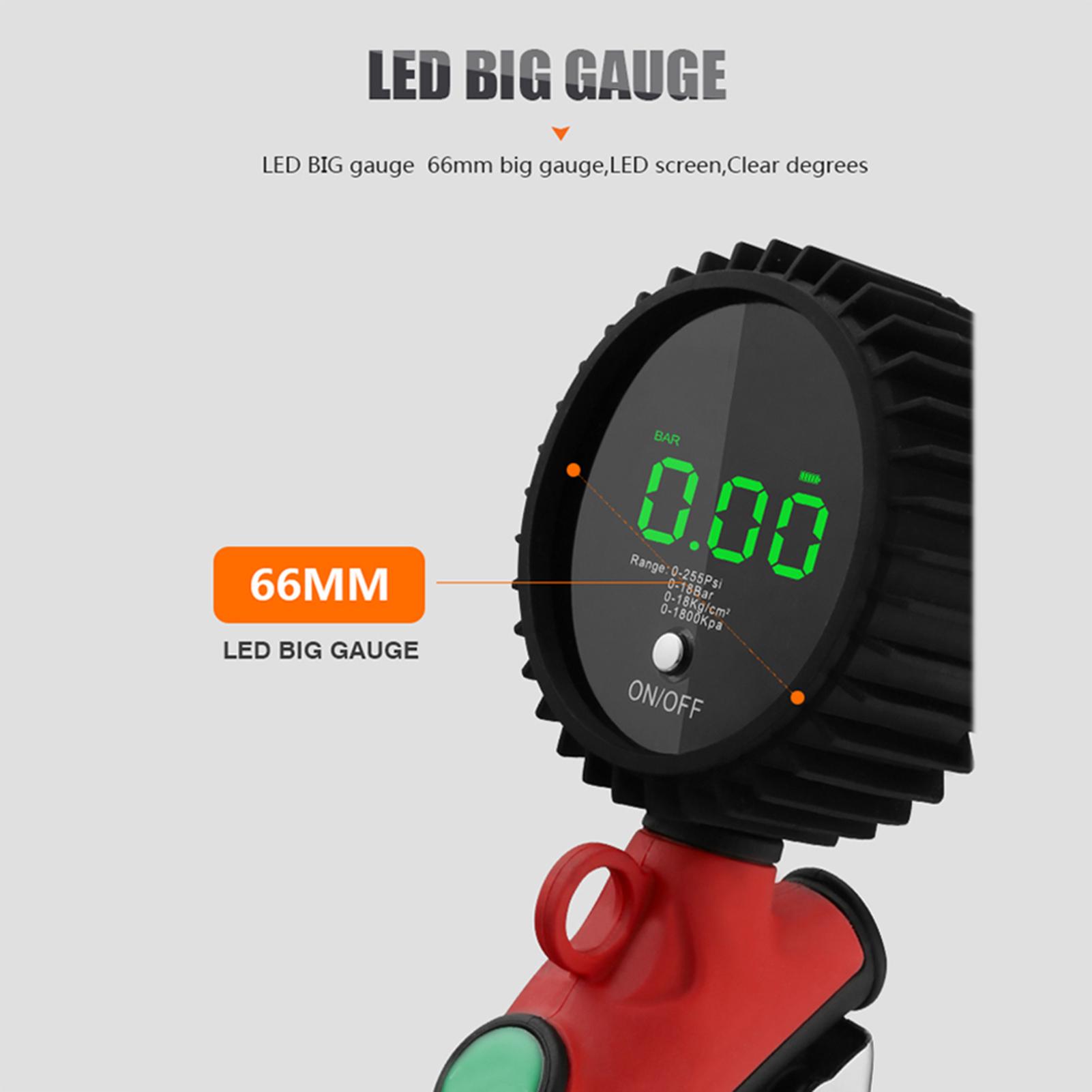 High Accuracy LED Backlight Display Tire Inflating Gauge Digital Display Tyre Inflatable Gun Tire Inflator with LED Digital Pressure Gauge 18bar Pressure Limited