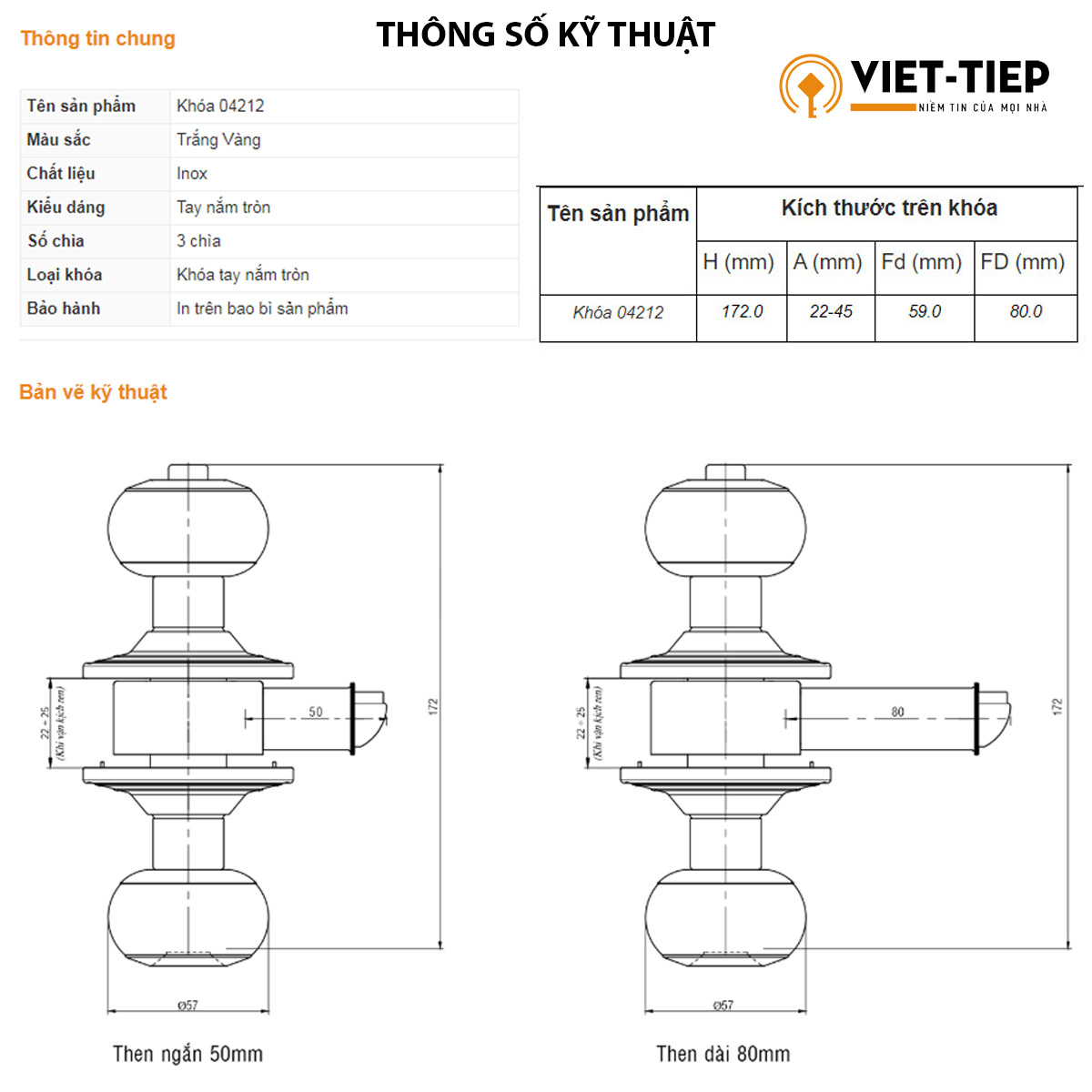 Ổ khóa cửa tay nắm tròn Việt Tiệp 04212 cò ngắn / cò dài, chất liệu inox màu trắng vàng dành cho các loại cửa thông phòng có chất liệu làm từ gỗ, nhựa, nhôm, sắt,..