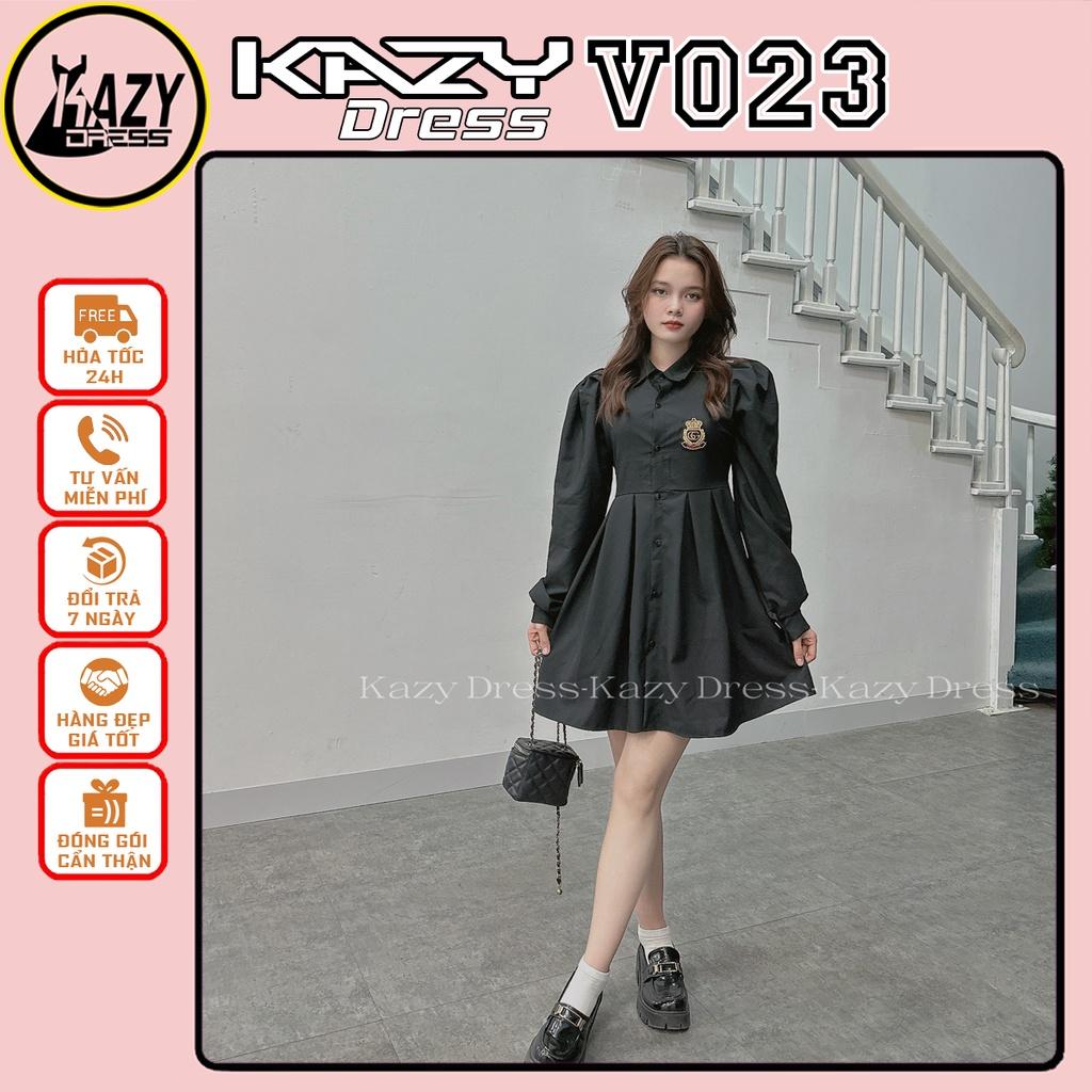 Váy sơ mi logo khoét lung thắt nơ tay dài KAZY STORE V023