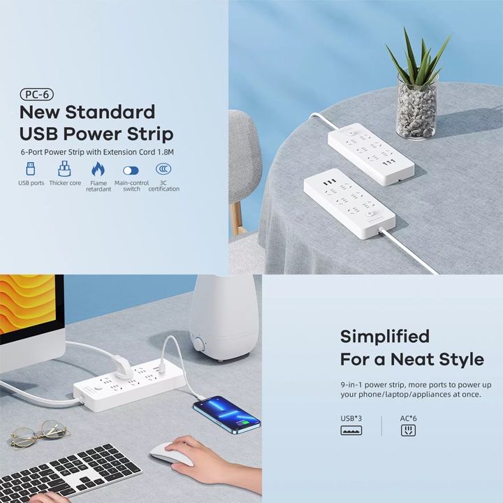 Ổ cắm điện Remax Power Strip PC-6 chui dẹp tích hợp 6 cổng sạc USB - HÀNG CHÍNH HÃNG