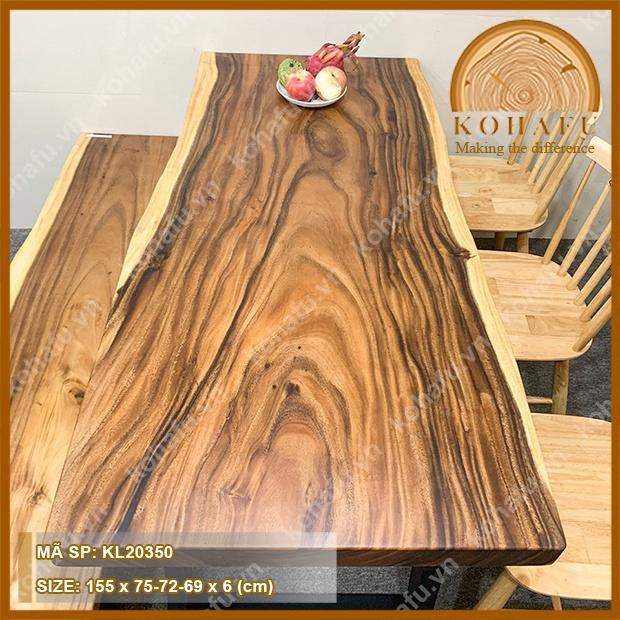 Mặt gỗ me tây nguyên tấm, mặt bàn gỗ dài 155 x rộng (75-72-69) x dày 6 (cm) - KL20350