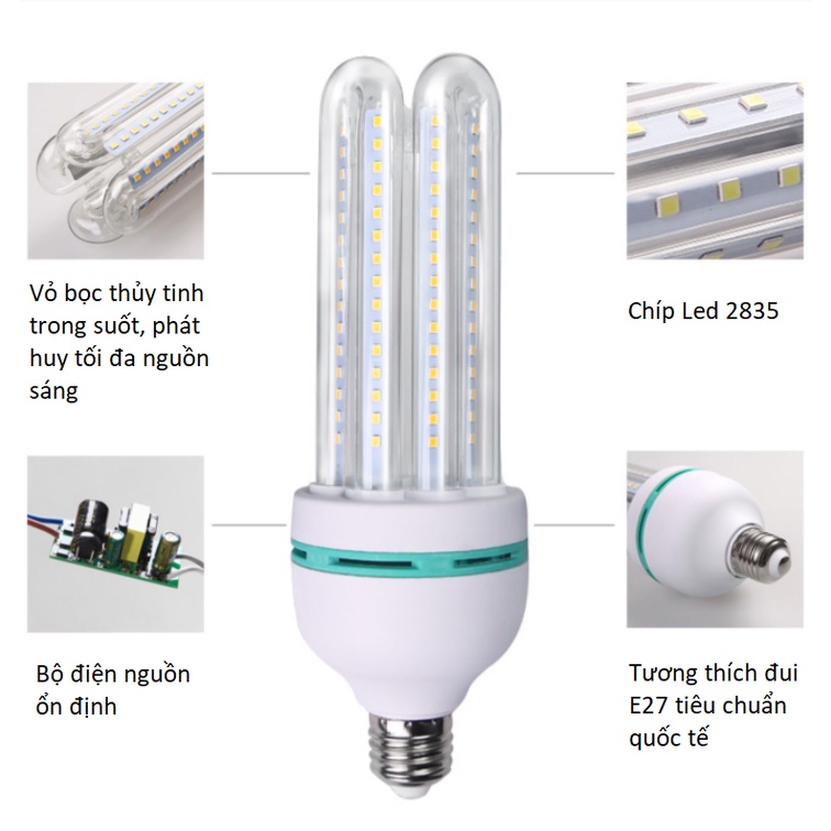 Bóng Đèn Led Chữ U 40w E27 Độ Sáng Cao, Led Bulb Nhà Ở Văn Phòng Hàng Chính Hãng