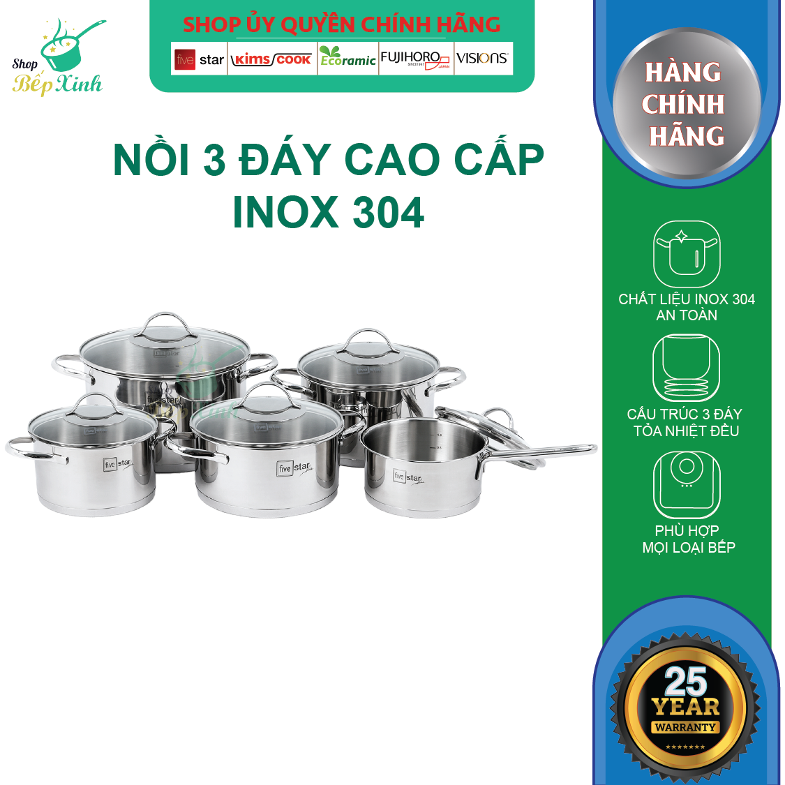 Combo bộ nồi xửng hấp inox cao cấp Fivestar 6 món 3 đáy từ nắp kính , dùng tốt bếp từ , hồng ngoại , gas