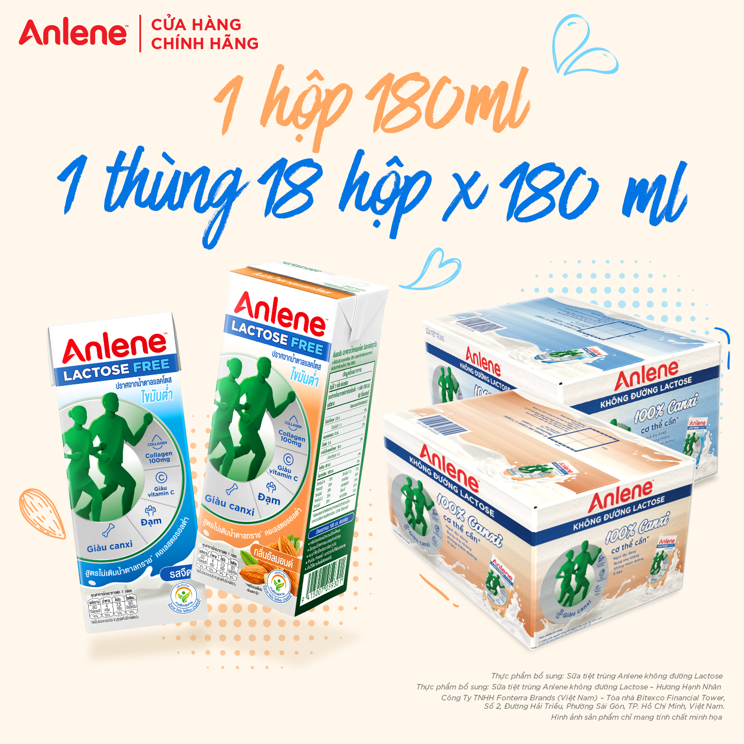 Thùng 18 hộp sữa Anlene không đường Lactose vị hạnh nhân (18 x 180ml)