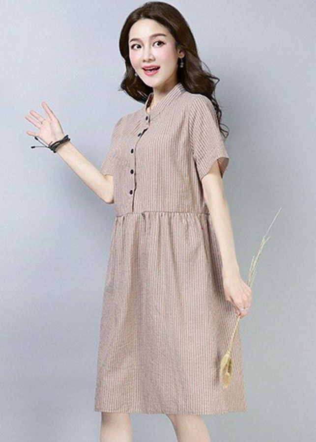 Đầm suông kẻ sọc rúm eo cổ Tàu - DS99