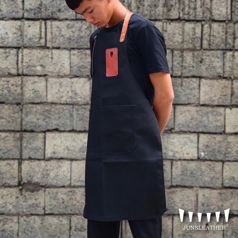 Tạp dề pha chế vải canvas dây da của Junsleather phối da bò cao cấp dành cho Barista/Bartender quán cà phê