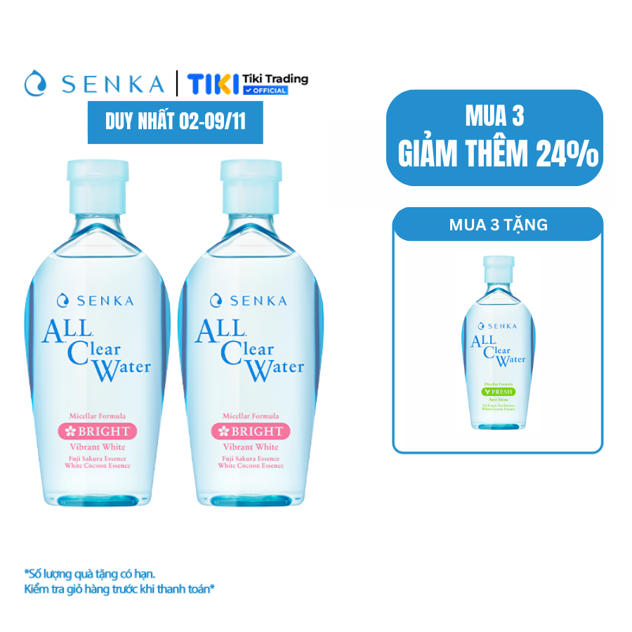 Bộ đôi Nước tẩy trang Micellar Không Cồn Sạch Sâu Giảm Thâm Sạm SENKA A.L.L CLEAR WATER WHITE 230ml