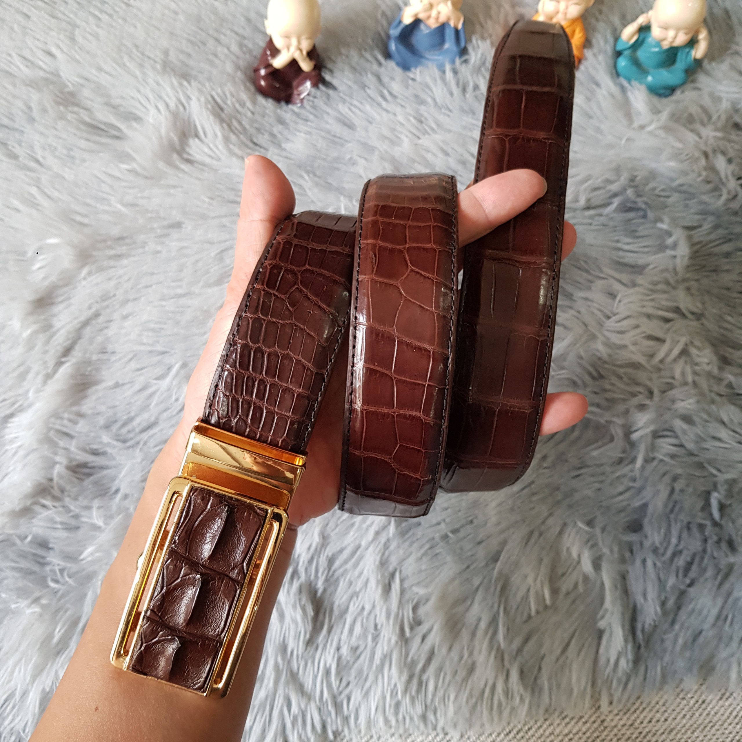 Dây Lưng Da Cá Sấu, Thắt Lưng Da Cá Sấu Liền Nguyên Con Không Nối, Màu Nâu Cafe I Da Bụng, Bản 3,5 cm