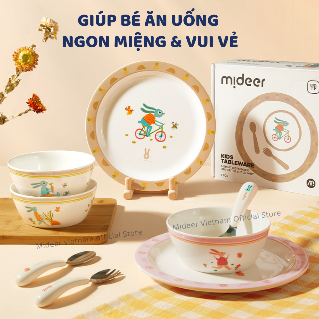 Bộ bát ăn dặm cho bé, chén sứ ăn dặm cho bé kèm thìa dĩa Mideer Kids Tableware