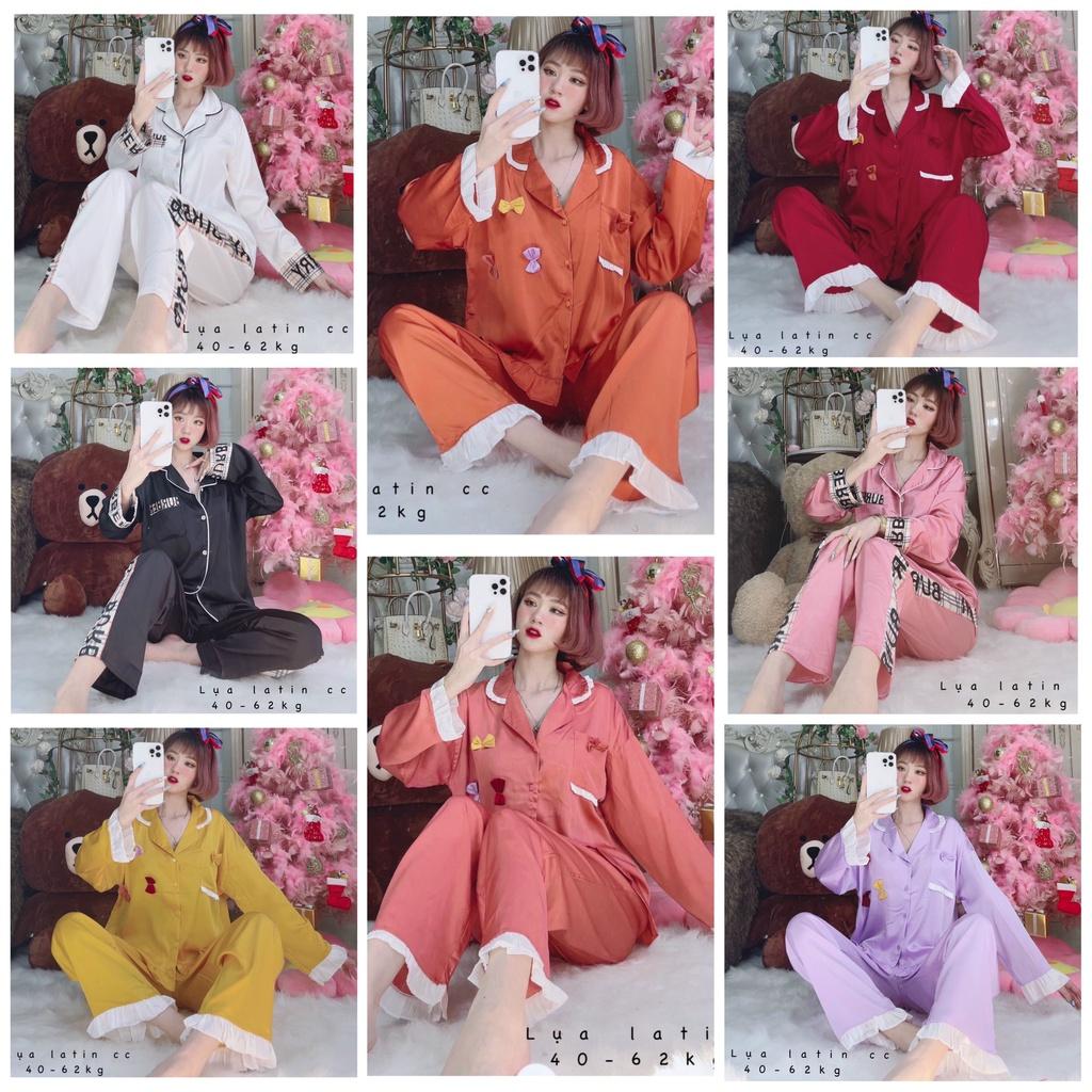 Đồ ngủ nữ, đồ bộ mặc nhà Pijama tiểu thư chất lụa latin tay dài quần dài dễ thương- Freesize dưới 62kg