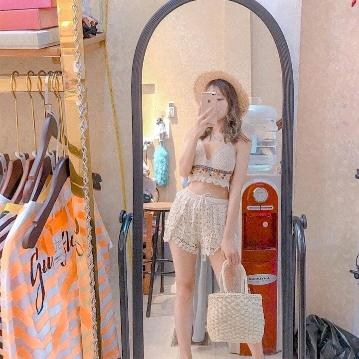 Bộ bơi nữ 3 mảnh bikini len móc cao cấp có kèm áo choàng