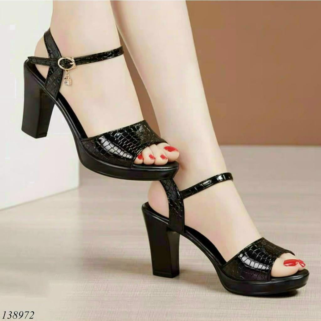 Giày sandal đế xuồng nữ 7cm,giày xăng-đan da cao gót quai ngang 7 phân đen nhiều màu siêu nhẹ