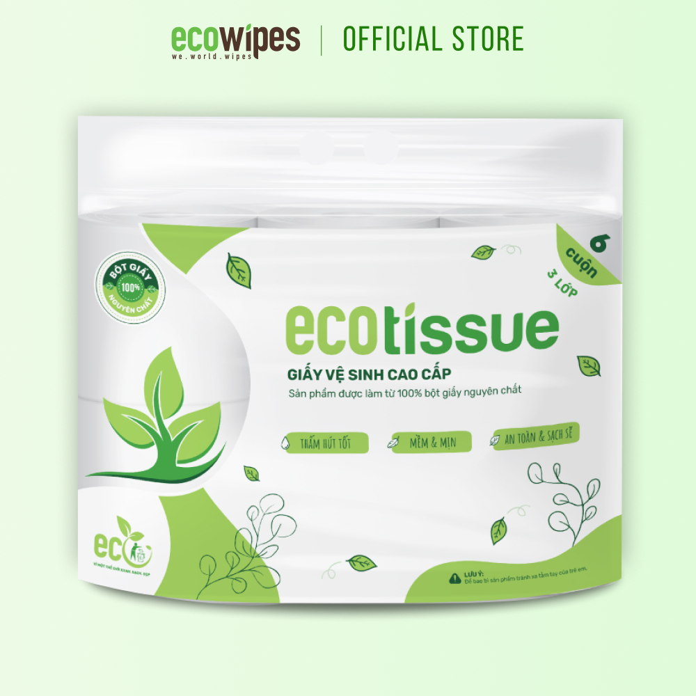 Giấy vệ sinh giấy cuộn cao cấp Ecotissue 3 lớp lốc 6 cuộn có lõi cao cấp mềm dai tự nhiên