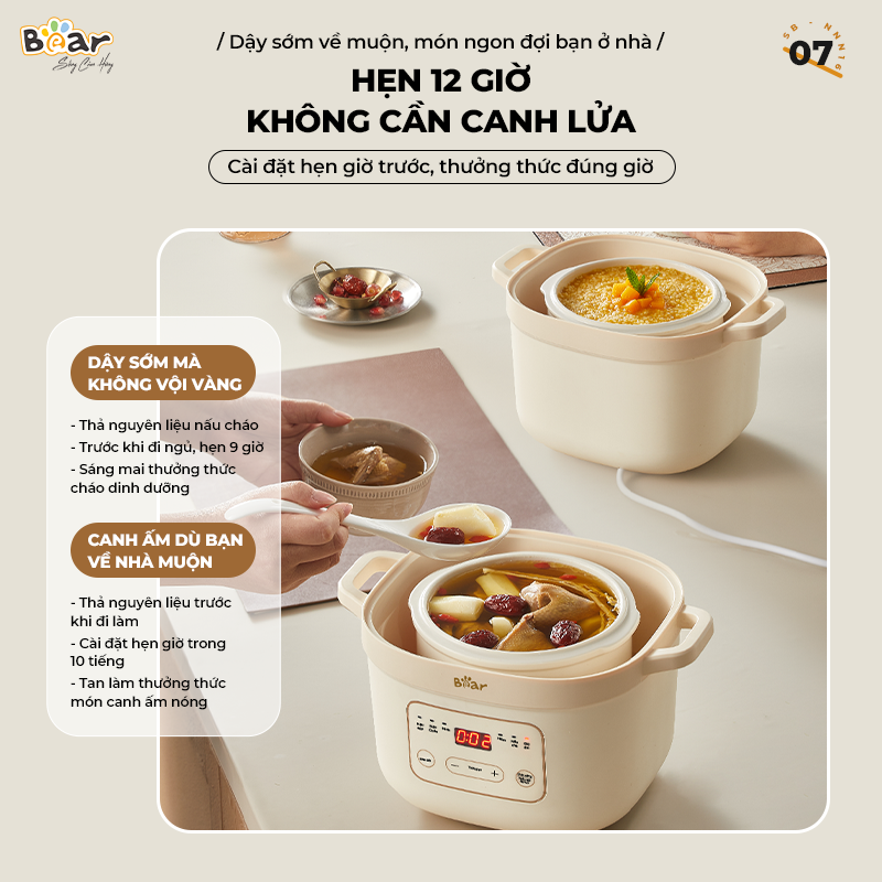 Nồi Nấu Chậm Bear 1,6L Đa Năng 6 Chế Độ Ninh Nấu Hầm Hấp Tiết Kiệm Thời Gian Giữ Trọn Chất Dinh Dưỡng - SB-NNC16 Hàng chính hãng