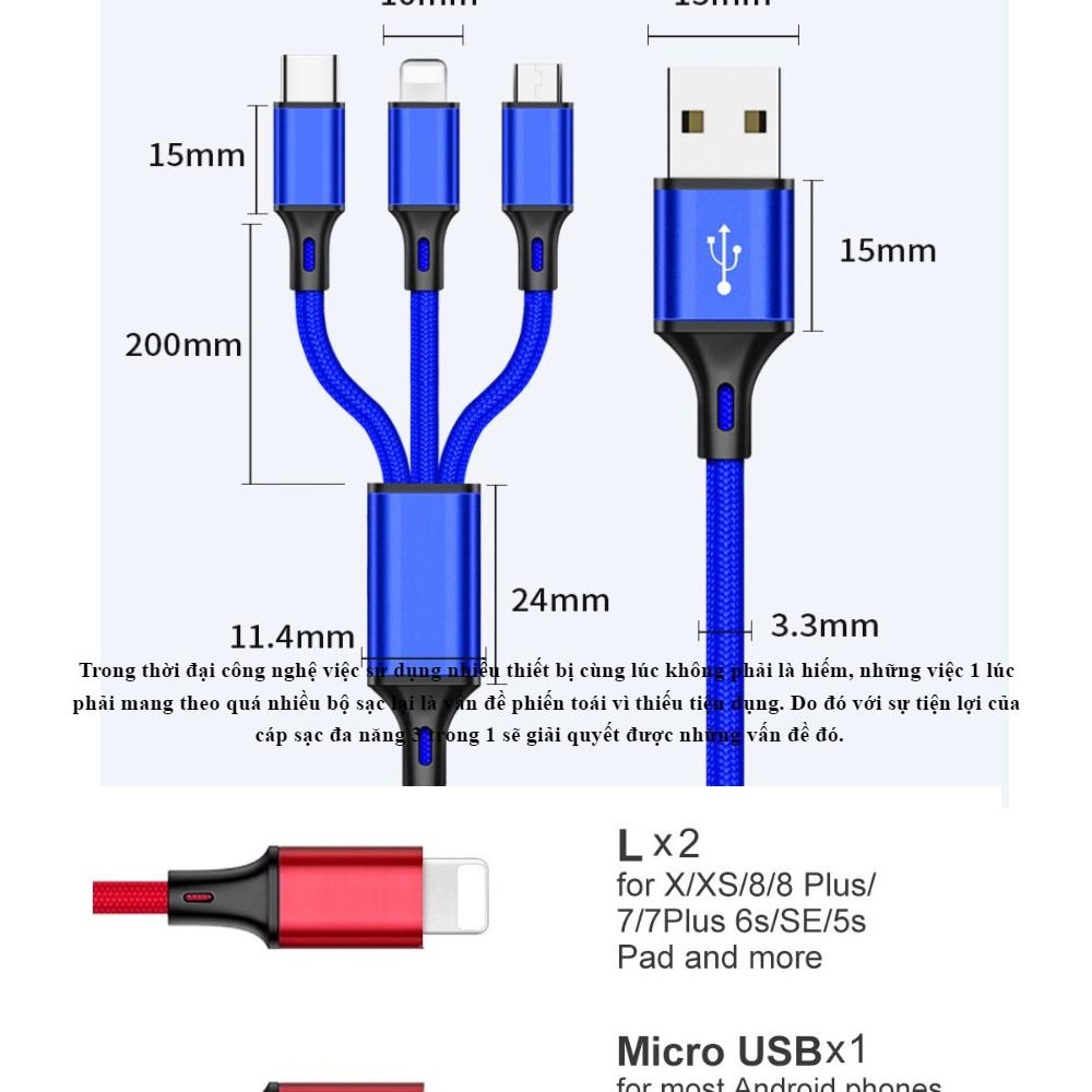 Cáp sạc đa năng 3 đầu Lightning - MicroUSB - Type-C dài 1m2 sạc 3 thiết bị cùng một lúc.Cáp Sạc Nam Châm,Cáp Sạc Iphone.