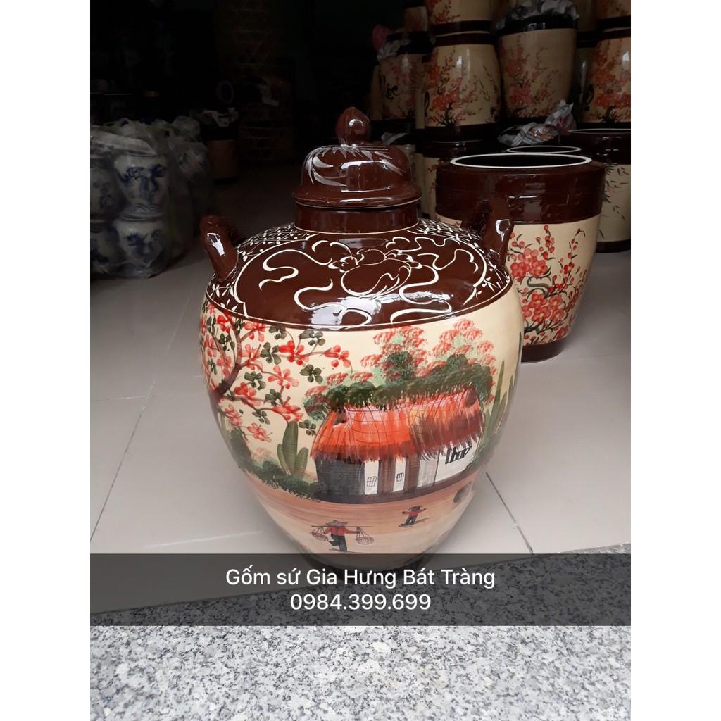Hũ đựng ruou vẽ cảnh đồng quê gốm sứ Gia Hưng Bát tràng