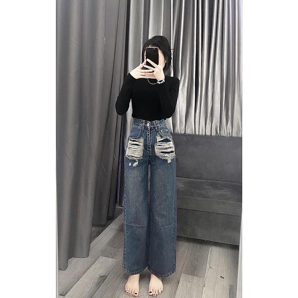 Quần Jeans Nữ Ống Rộng Cào Rách 2 Bên Túi, Quần Bò Ống Rộng Lưng Cao Siêu Phá Cách 2 Màu Xanh Đậm Và Nhạt 310