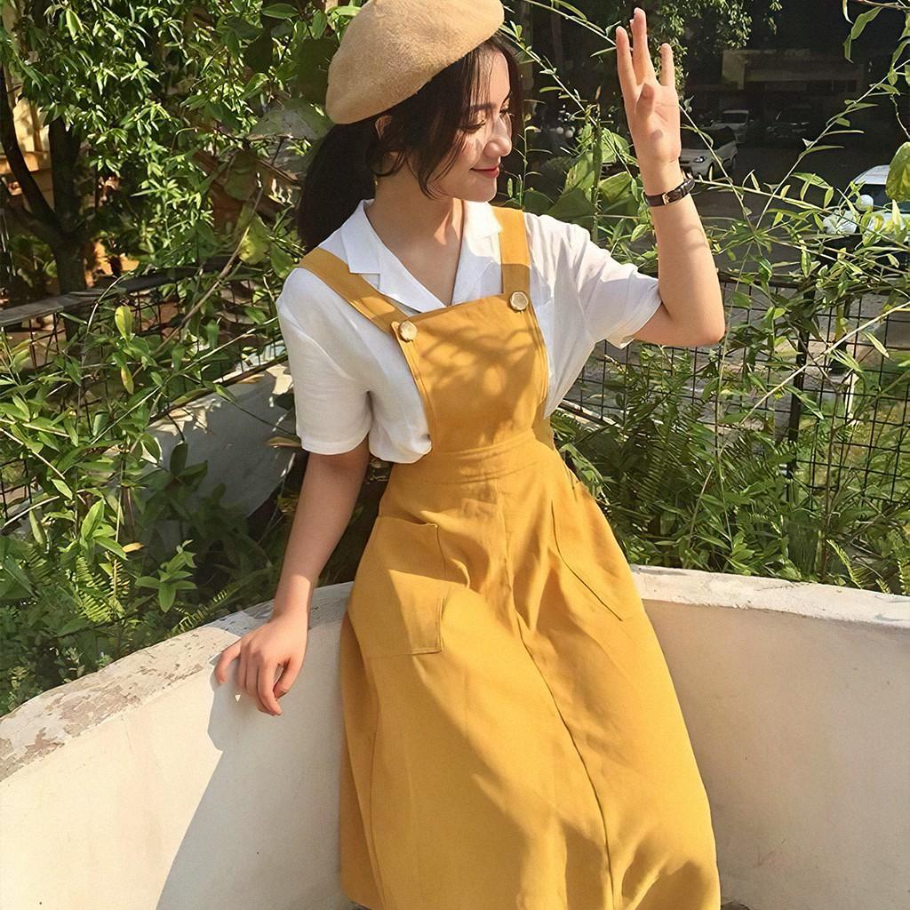 Set yếm yellow overall dress và áo sơ mi white basic