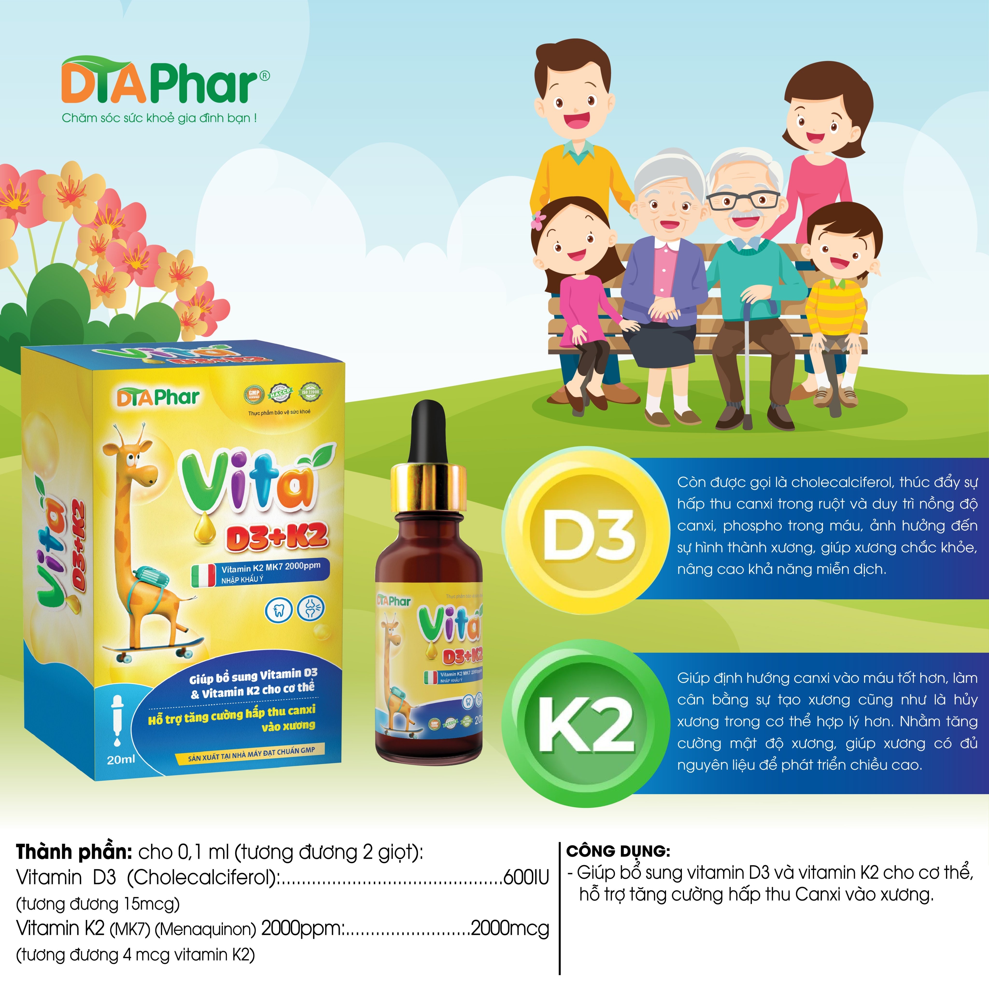 Vita D3+K2 Nhập khẩu ý Hỗ trợ bổ sung tăng cường hấp thu Canxi vào xương Chai 20ml Tâm An Pharma