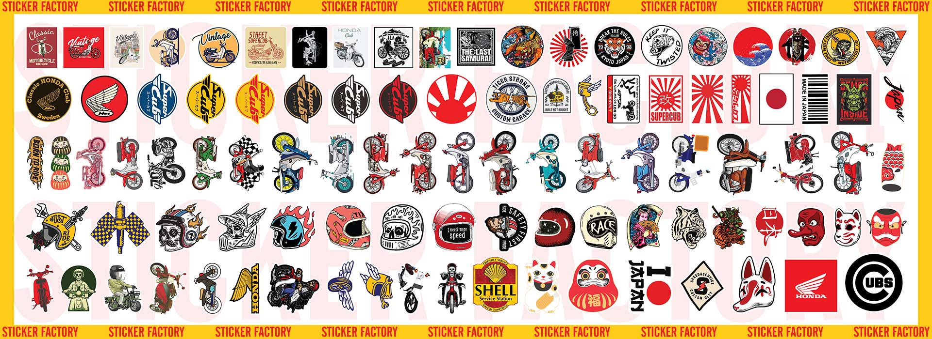 Super Cub - Set 100 sticker decal hình dán nón bảo hiểm, laptop, xe máy, ô tô - STICKER FACTORY
