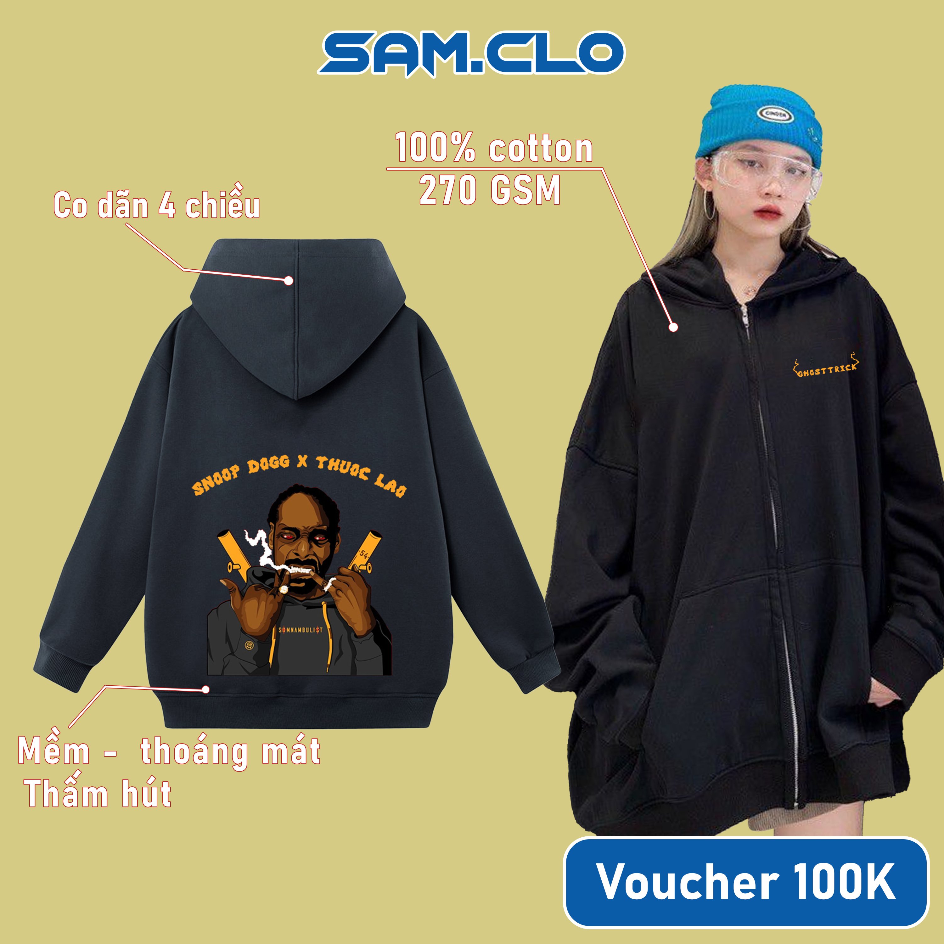 Áo khoác Hoodie Zip nam nữ SAM CLO - Áo khoác nỉ có mũ tay dài thu đông freesize dáng unisex ZIP SNOOP