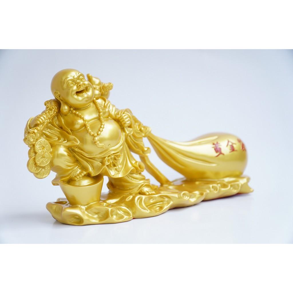 Tượng Phật Di Lặc kéo bao tải tiền nhũ vàng cầu tài lộc đúc lớn - Dài 30cm