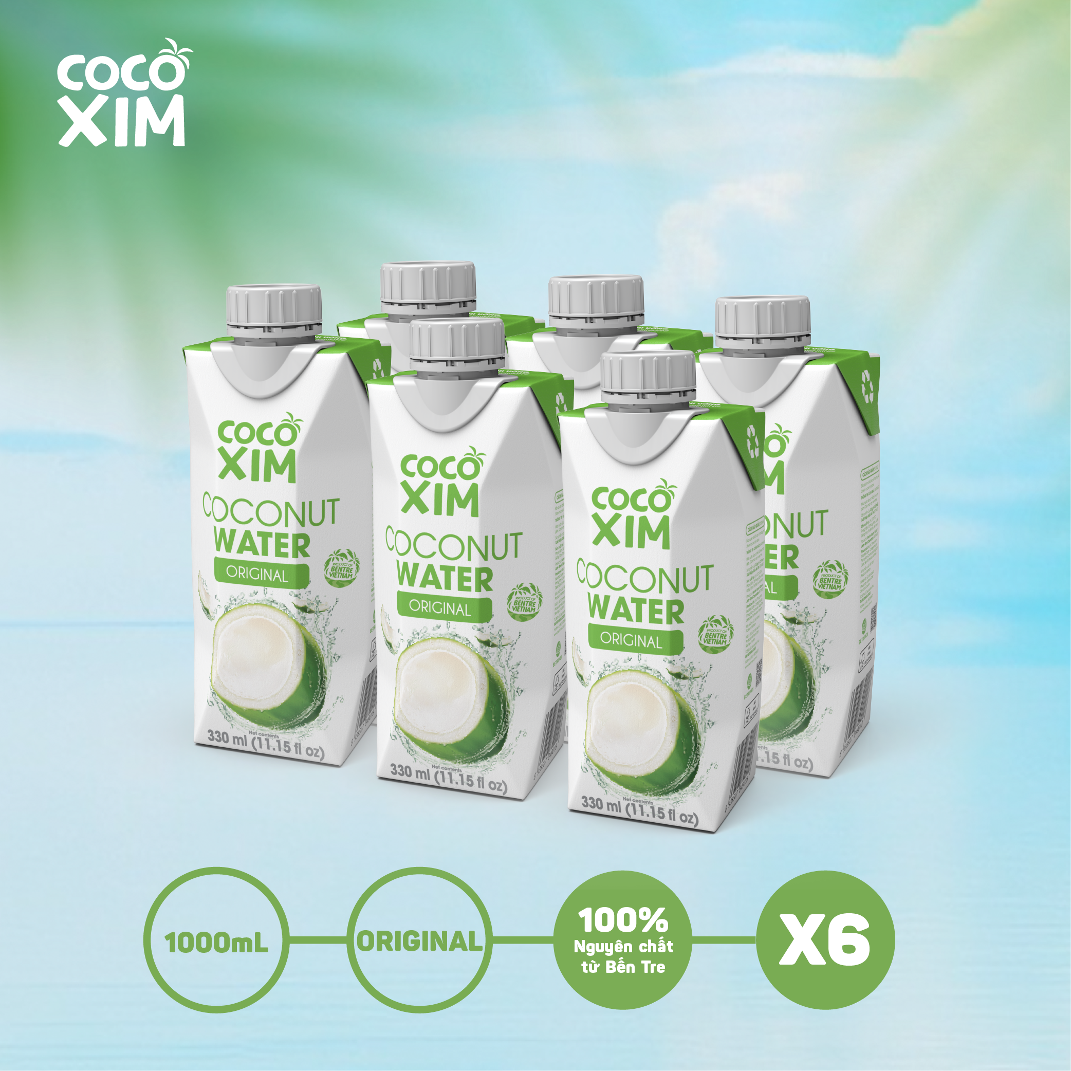 Combo 6 Hộp Nước dừa đóng hộp Cocoxim Xanh dung tích 330ml/Hộp