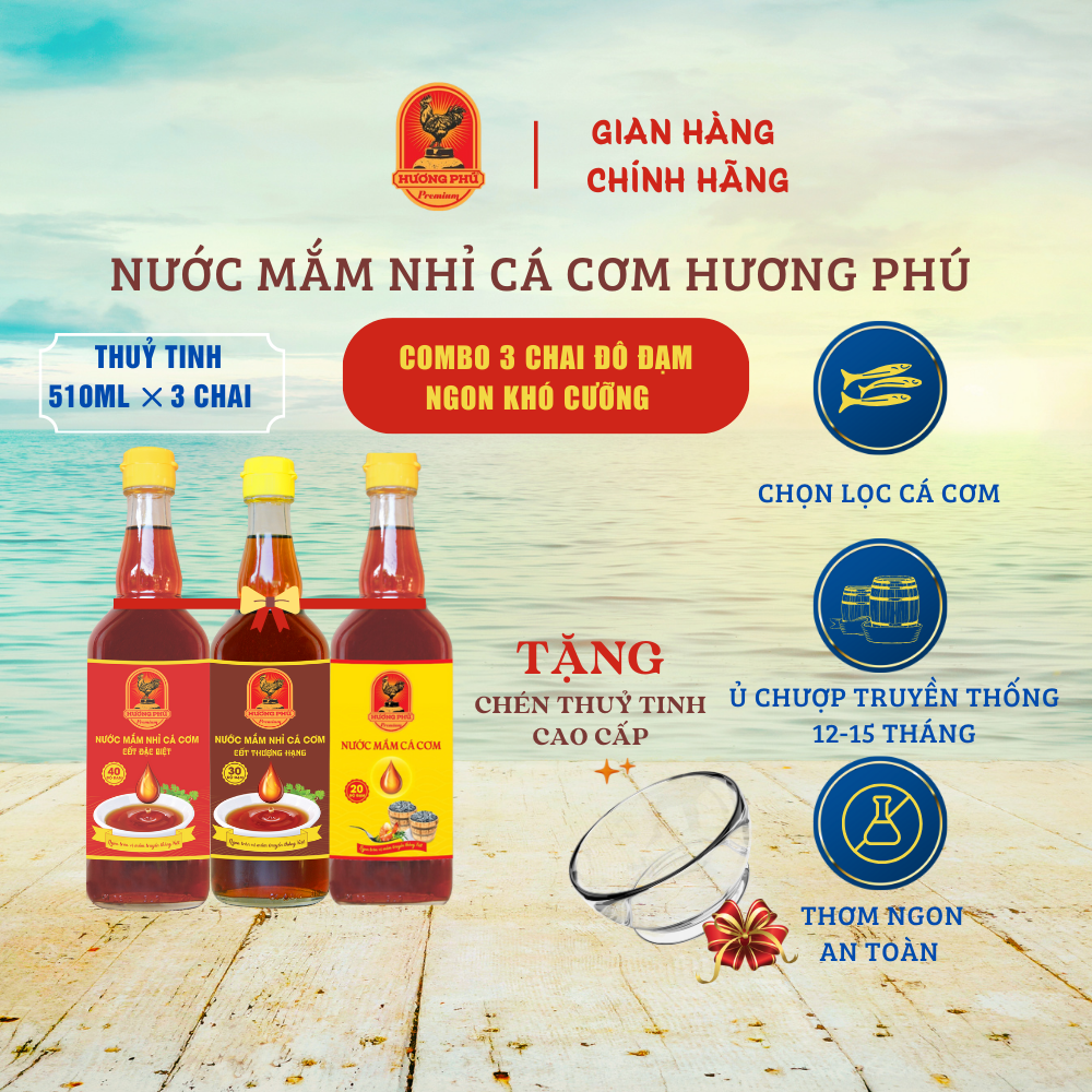 Combo 03 Nước mắm cá cơm Hương Phú 40N - 30N -20N độ đạm - Nhỉ truyền thống