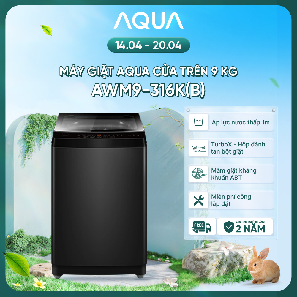 Máy giặt Aqua 9 kg AWM9-316K(B) - Bảo hành 2 năm - Hỗ trợ lắp đặt - Hàng chính hãng
