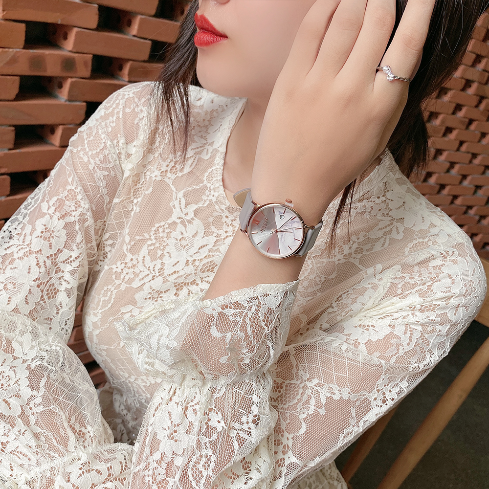 Đồng Hồ Nữ Julius Hàn Quốc JA1312 Dây Da Mặt In Hoa Thanh Lịch