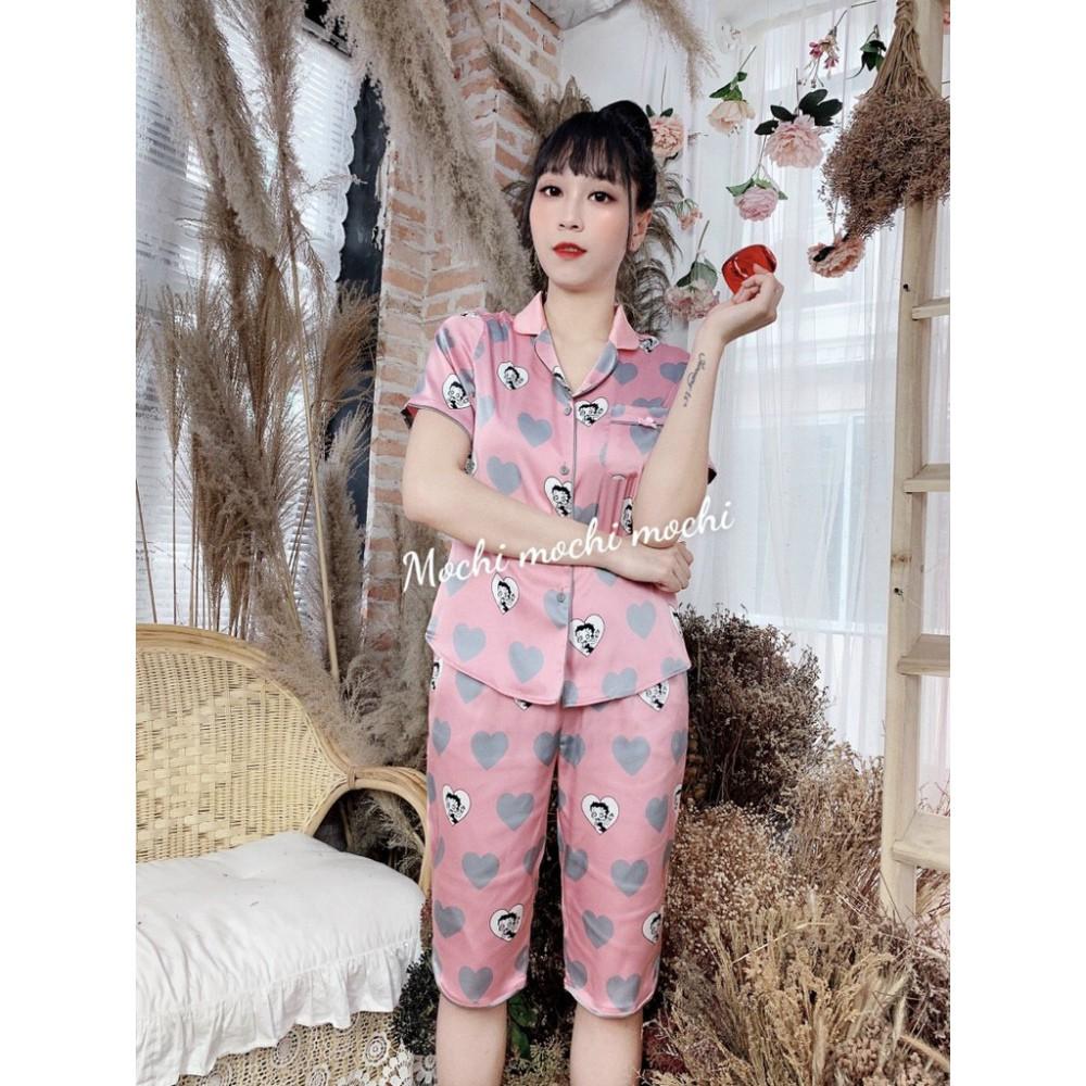 Freeship Bộ mặc nhà nữ tim hồng, bộ pijama lụa satin cao cấp, hàng thiết kế quần lửng, quần đùi có size nhiều màu