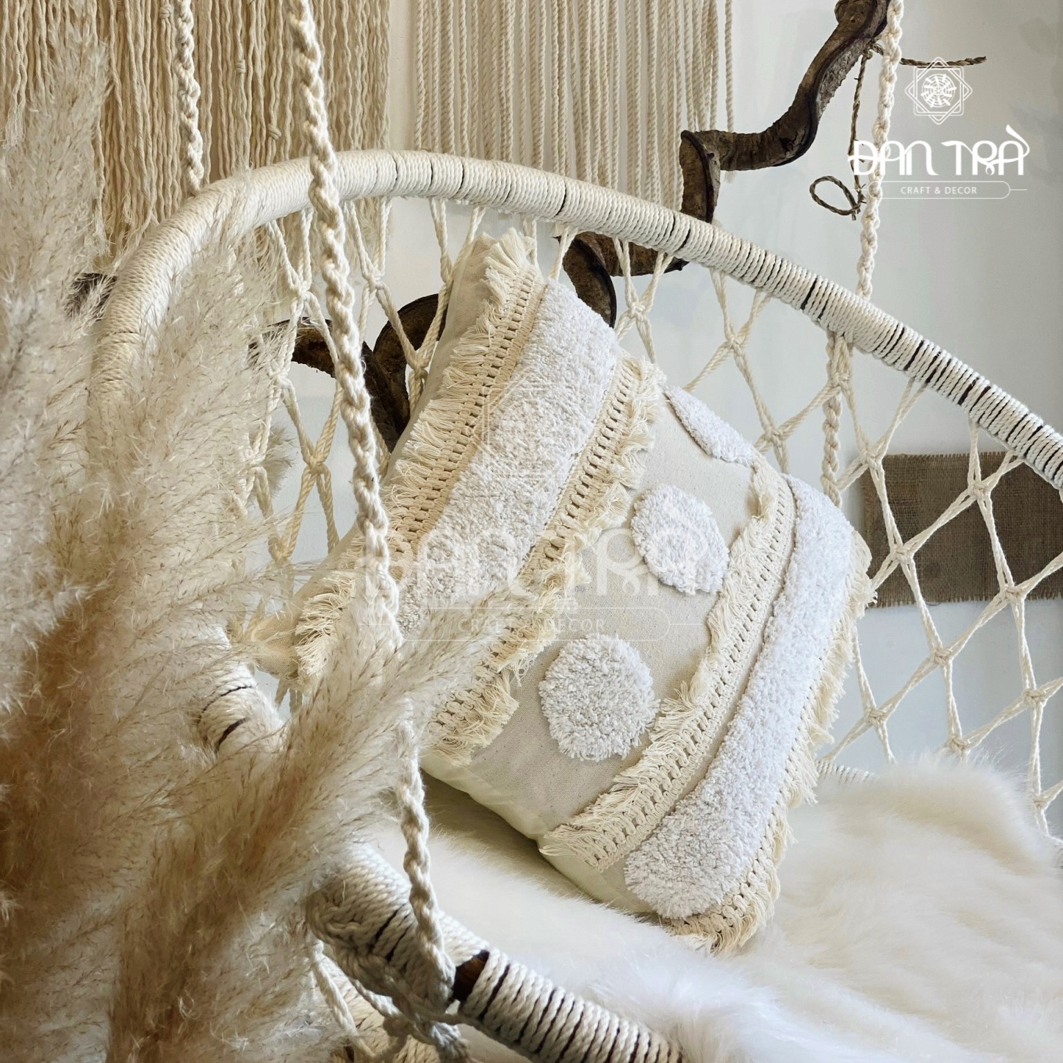 Xích Đu Macrame ĐAN TRÀ, Xích Đu Decor Phòng Vintage, Ghế Treo Decor Từ Sợi Bông Cao Cấp Tự Nhiên, Xường Bàn Ghế Mây Tre