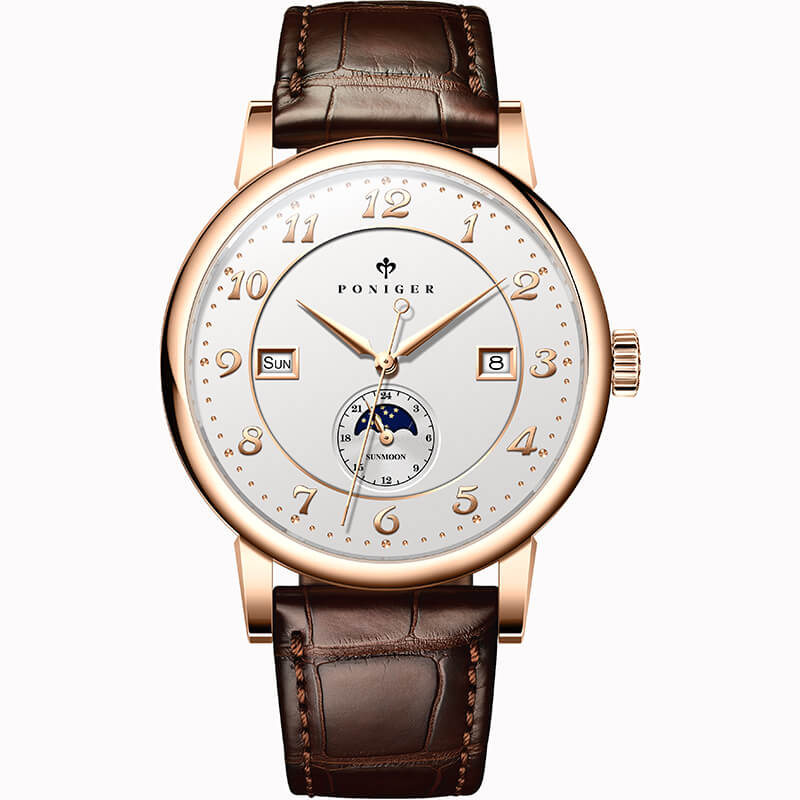 Đồng hồ nam Poniger P915-1 Chính hãng ,Kính sapphire nguyên khối ,chống xước,chống nước 50m,mặt trắng vỏ vàng hồng dây da nâu ( đen) xịn,vỏ máy thép không gỉ 316L,Đồng hồ cơ (Automatic) bảo hành 24 tháng, hàng mới 100%,thiết kế trẻ trung và sang trọng