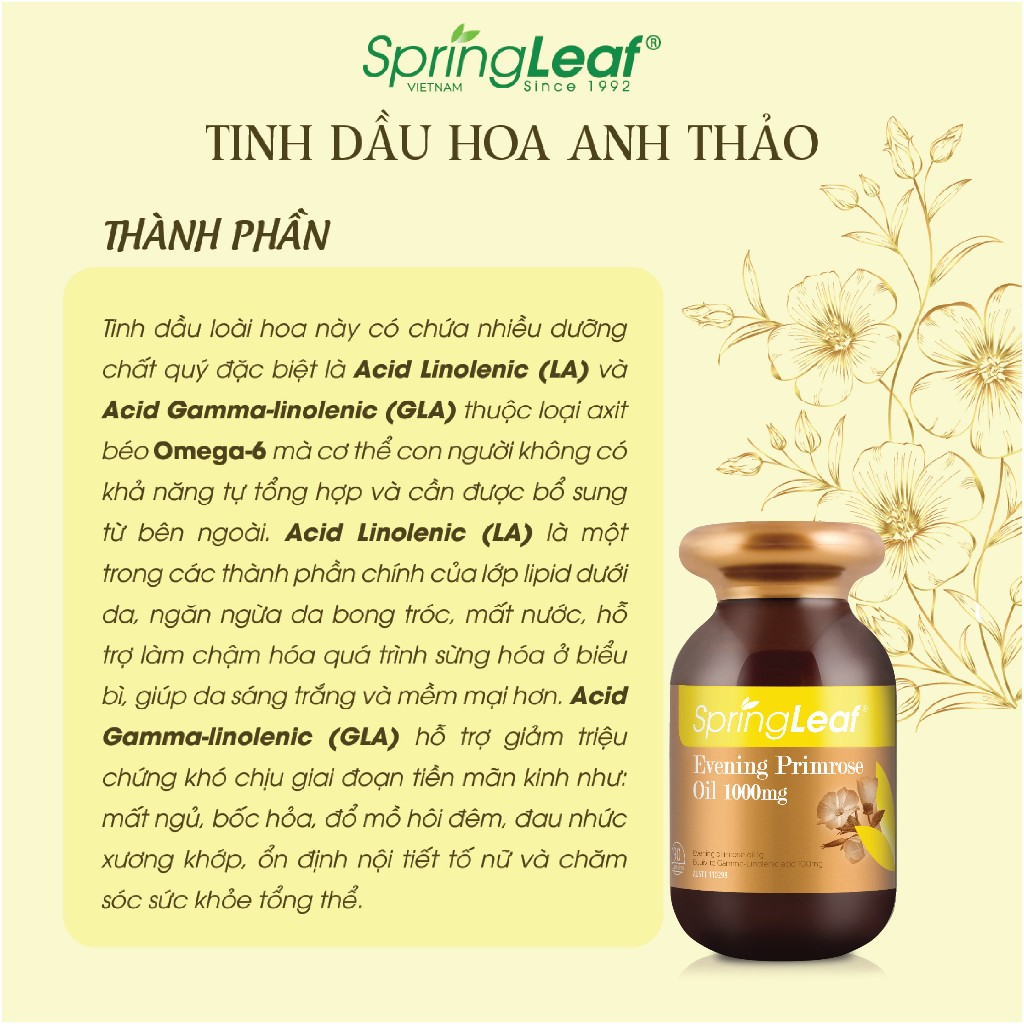 Tinh Dầu Hoa Anh Thảo Hỗ Trợ Cân Bằng Nội Tiết Tố Điều Hòa Kinh Nguyệt Evening Primrose Oil Springleaf Lọ 90/180 Viên