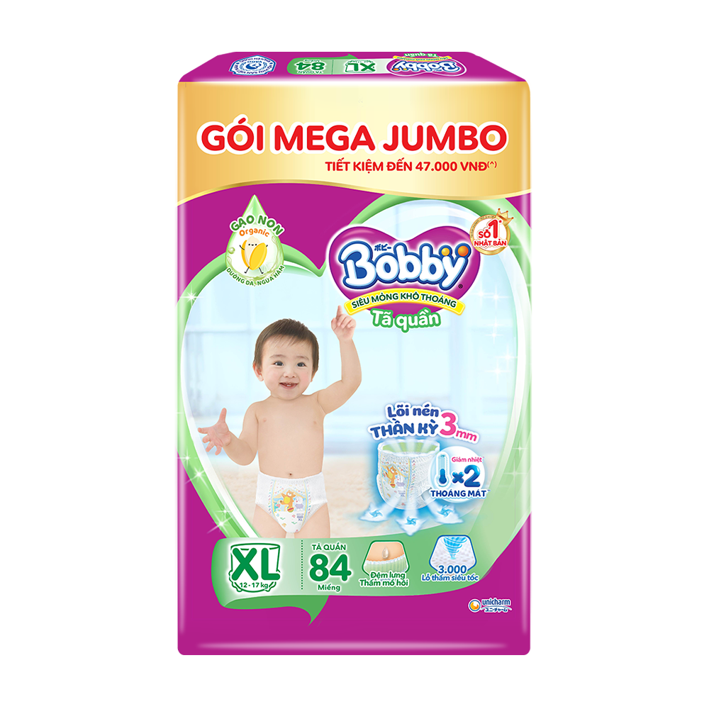 [Tặng thêm 4 miếng] Tã/bỉm quần Bobby 3mm Gạo non XL84