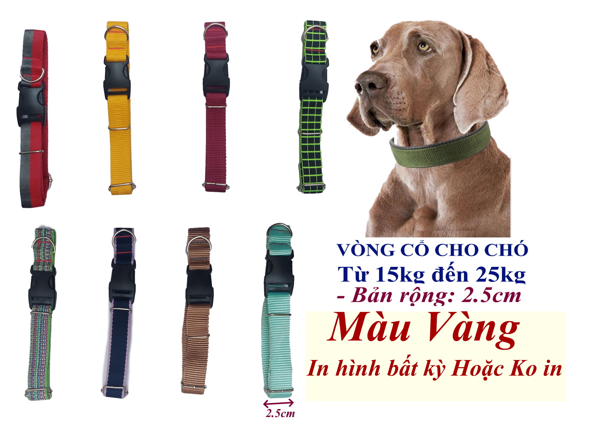 Vòng cổ cho Chó từ 15kg đến 25kg Bản rộng 2.5cm Chất liệu dù cao cấp, Dày, Chắc chắn, An toàn cho thú cưng, SX tại VN