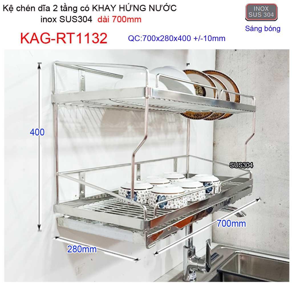 Kệ đựng chén bát có khay hứng nước inox sus304, kệ úp chén dĩa 2 tầng dài 70cm KAG-RT1132