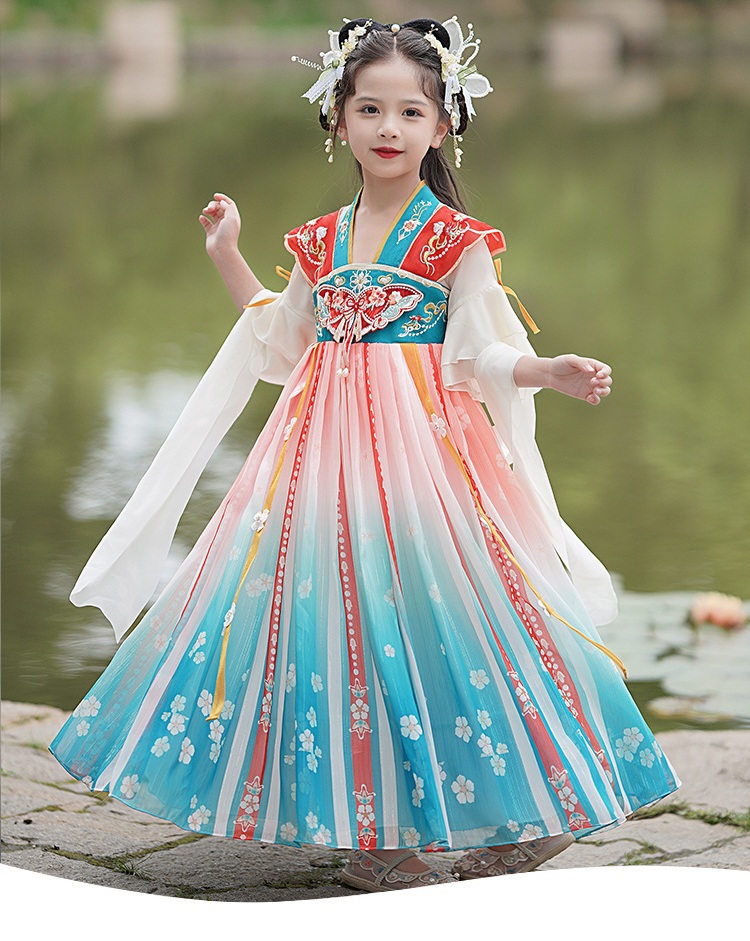 Đầm váy công chúa cổ trang hanfu thêu hoa cho bé gái diện lễ tết trung thu đẹp size 100-160kg hàng Quảng Châu