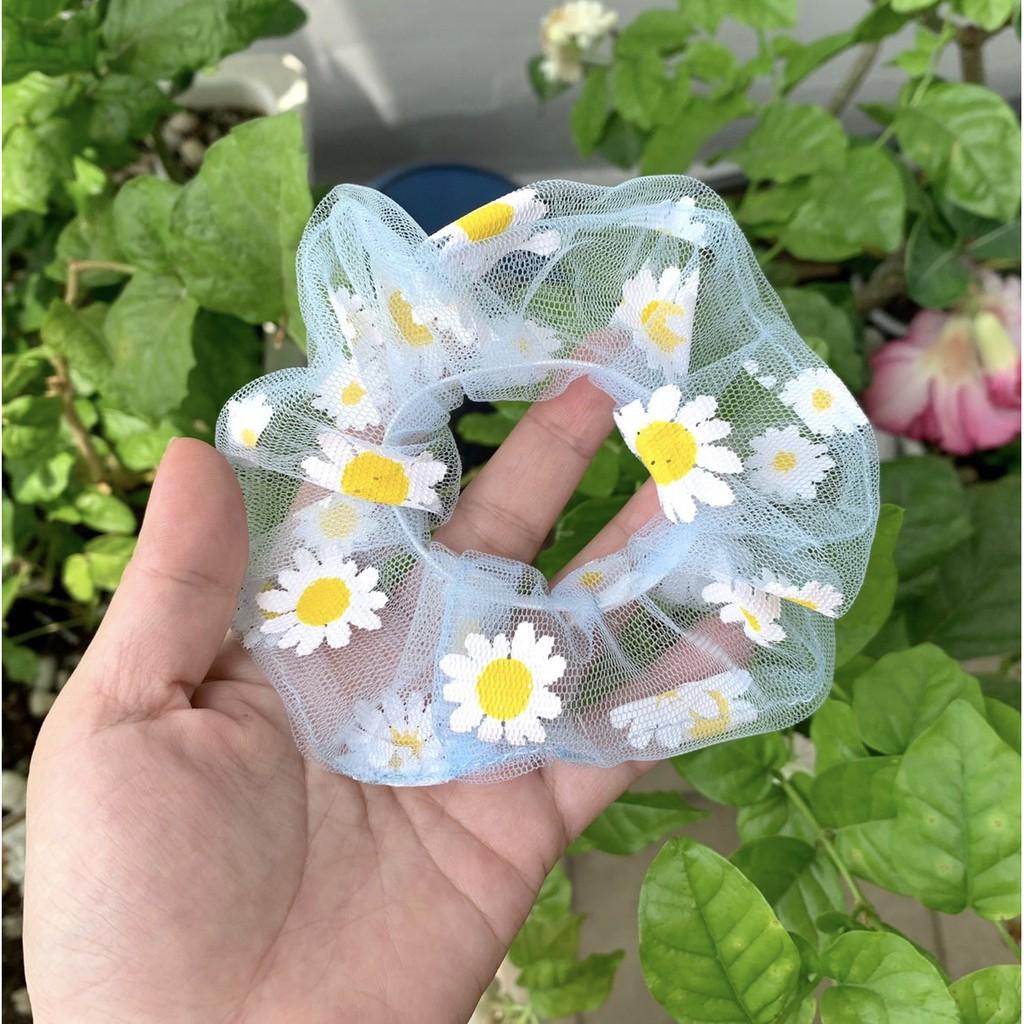 Cột tóc scrunchies voan lưới hoa cúc