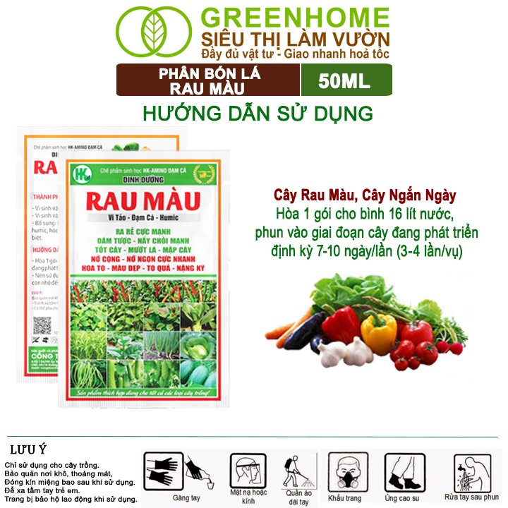 Phân Bón Vi Sinh Rau Màu Greenhome, Gói 50ml, Giúp Nảy chồi, Mướt lá, Mập cây, To quả, Nặng ký