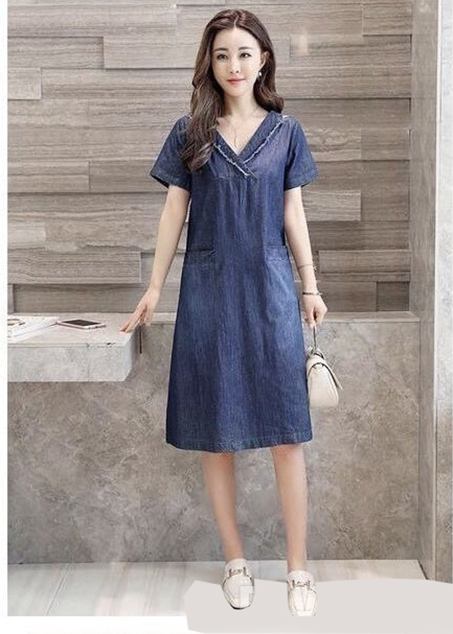 Đầm Jean Nữ Cổ Tim Túi Giả