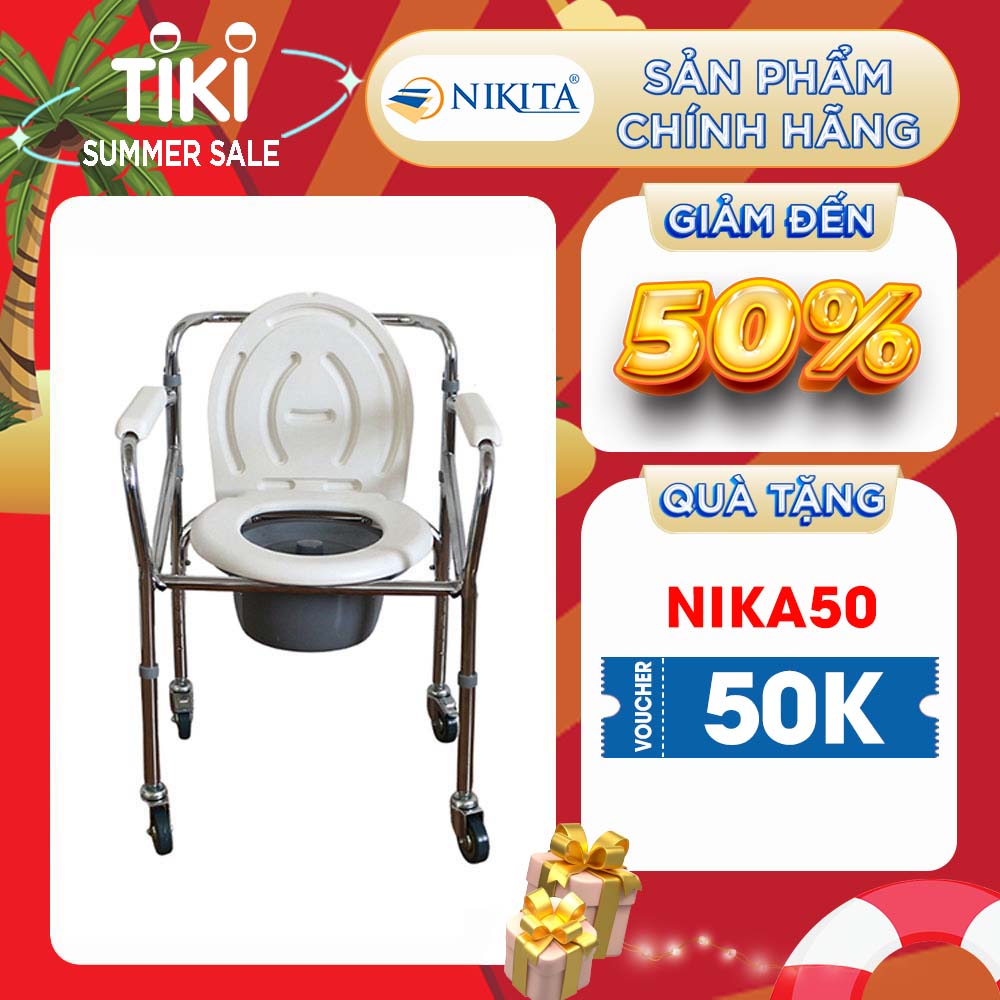 Ghế bô vệ sinh Nikita Inox cao cấp, có bánh xe di chuyển tiện lợi, cho người già, người bệnh và trẻ em mẫu 2021