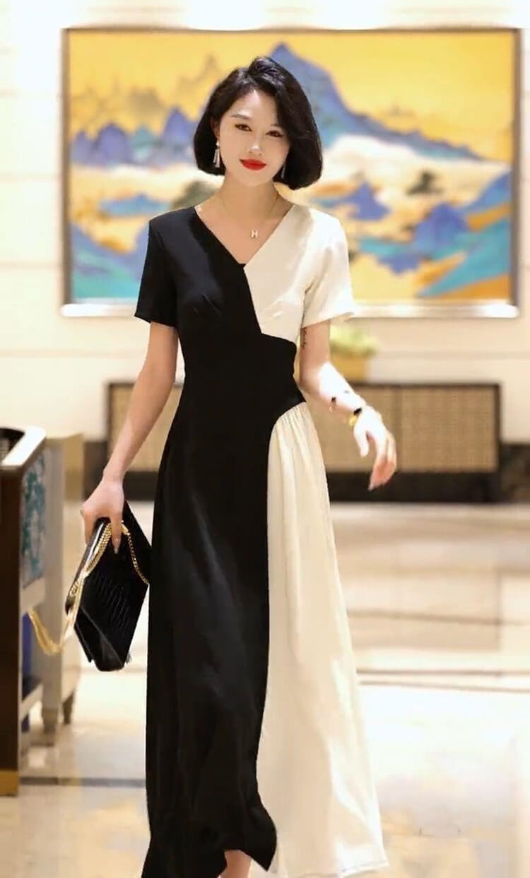 Đầm maxi phối màu đen trắng
